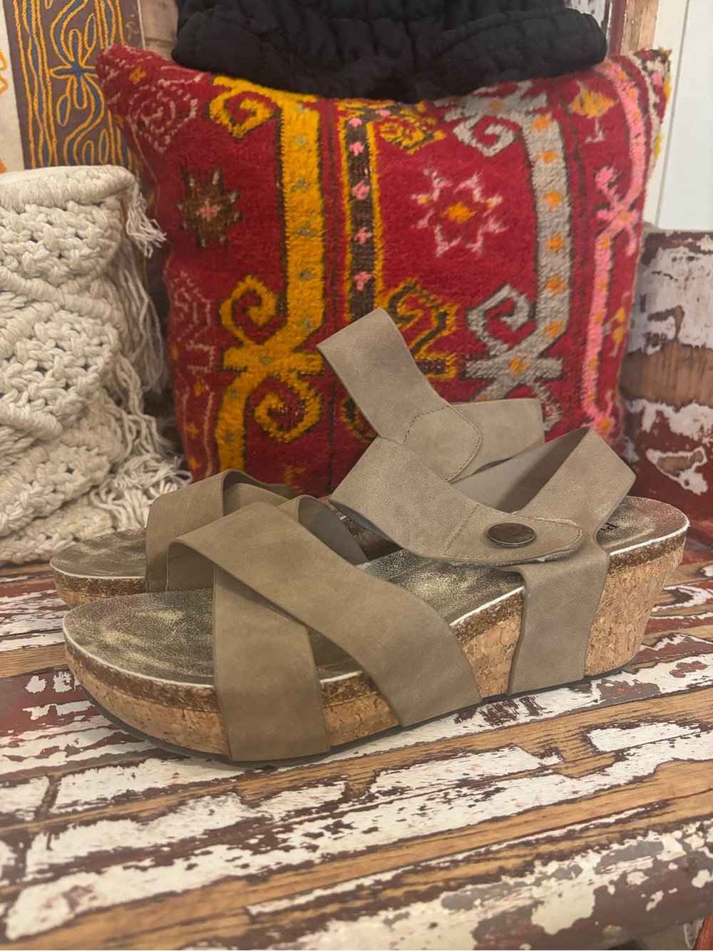 Pierre Dumas Taupe Cork Wedge Sandals
